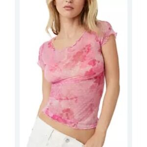 Free People NWT Intimately Free Floral Mesh Baby T Shirt In Rosy Pink XS‎